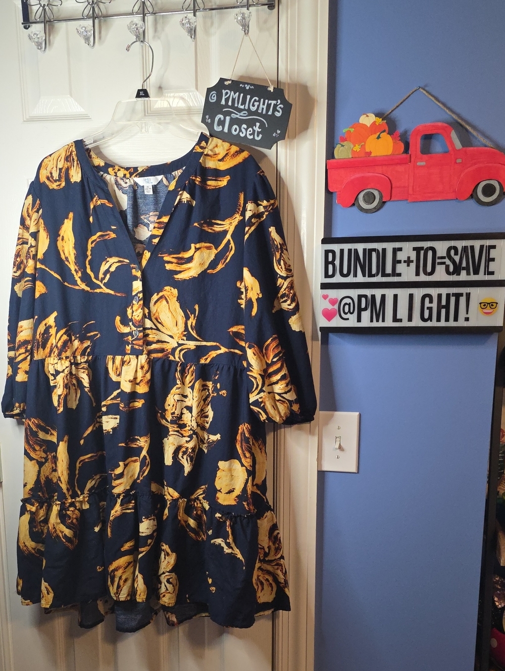 Time and Tru Navy and Yellow Floral Tiered Dress XL